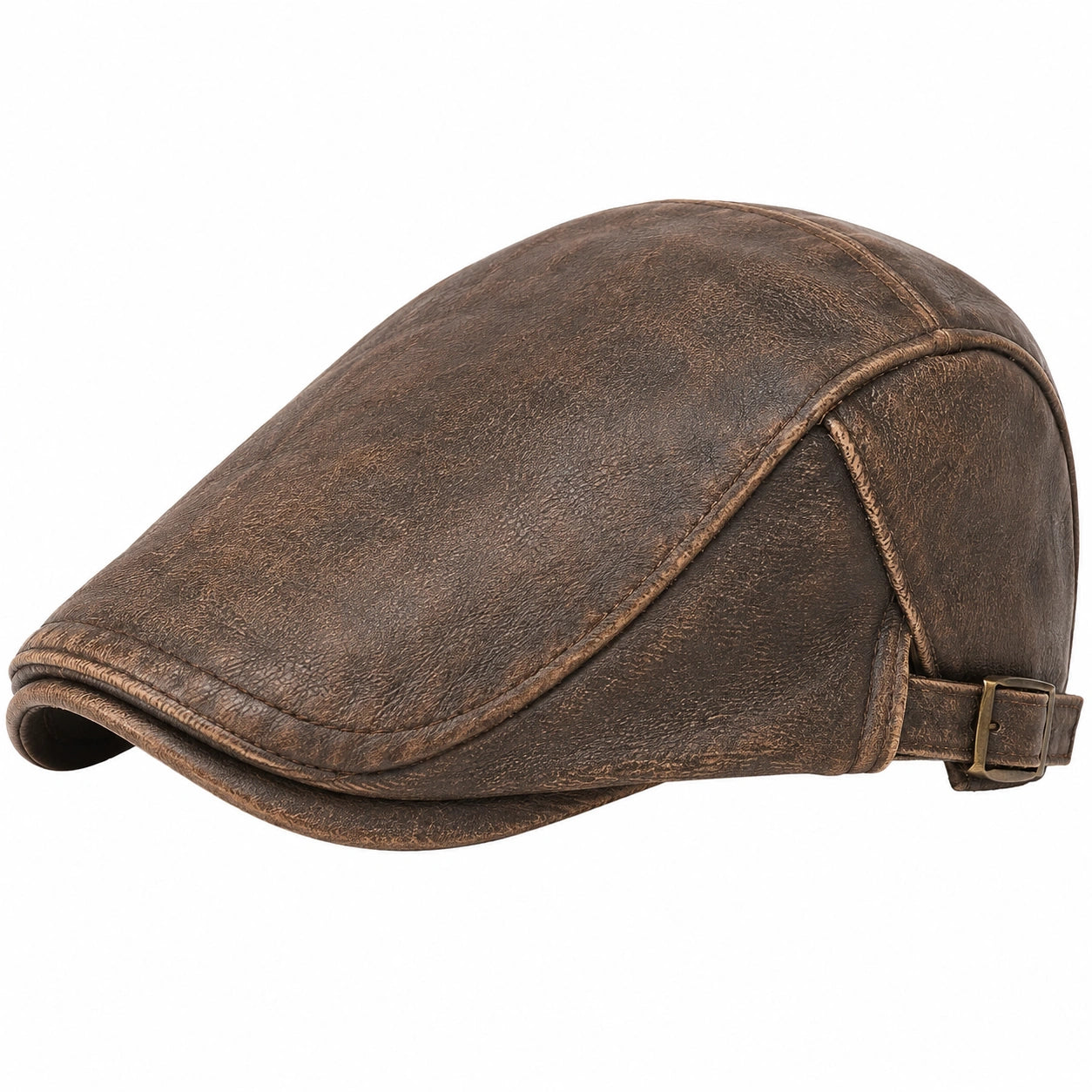 Gorra plana talla única de piel sintética marrón con hebilla ajustable estilo vintage