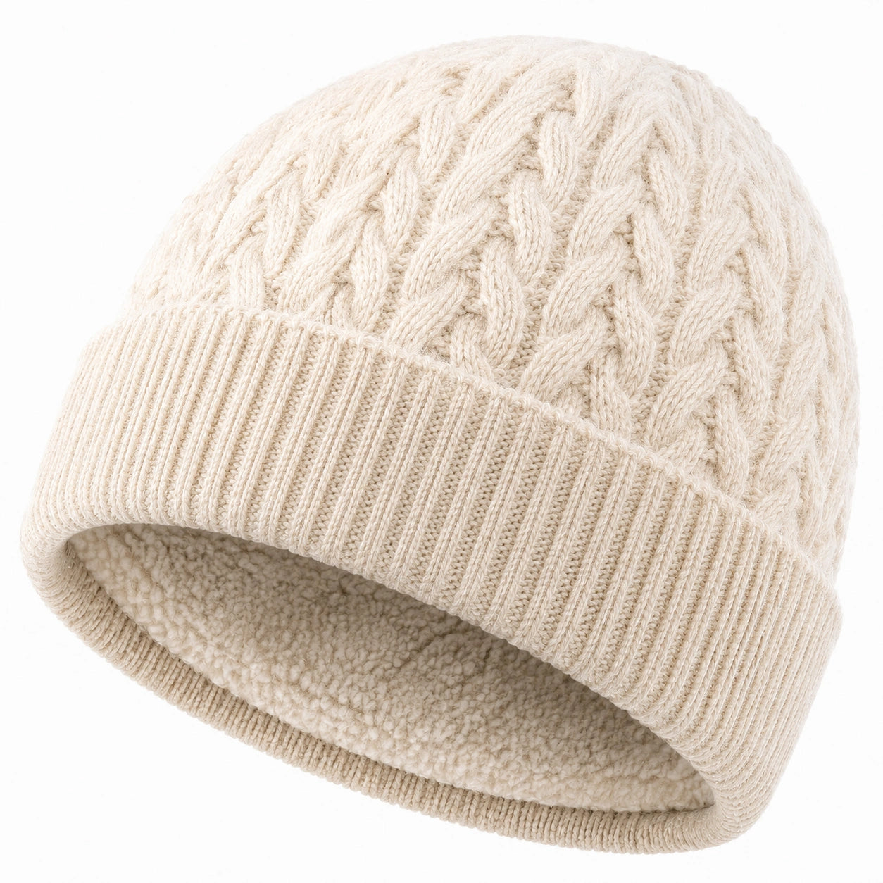 Gorro de punto talla única beige con forro afelpado para invierno