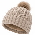 Gorro de punto talla única beige con forro afelpado y pompón para invierno