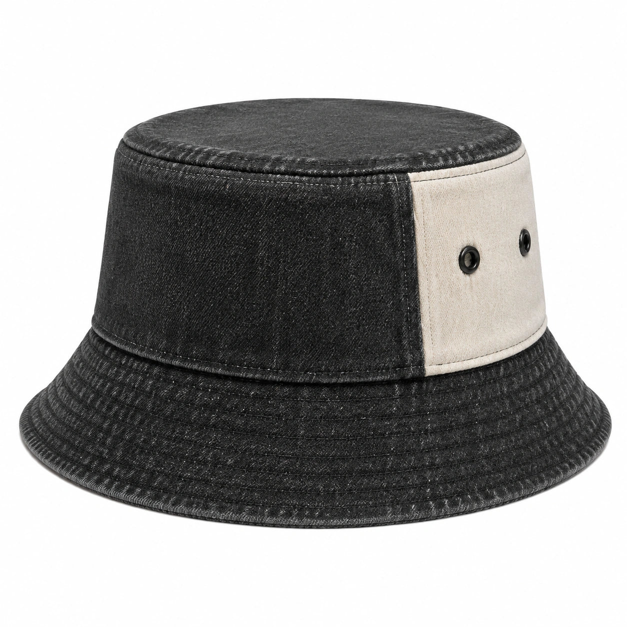 Sombrero bucket talla única de denim negro y beige con ala ancha ajustable