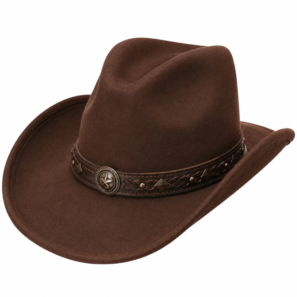 Sombrero vaquero talla única marrón de fieltro con ala curva decorativa