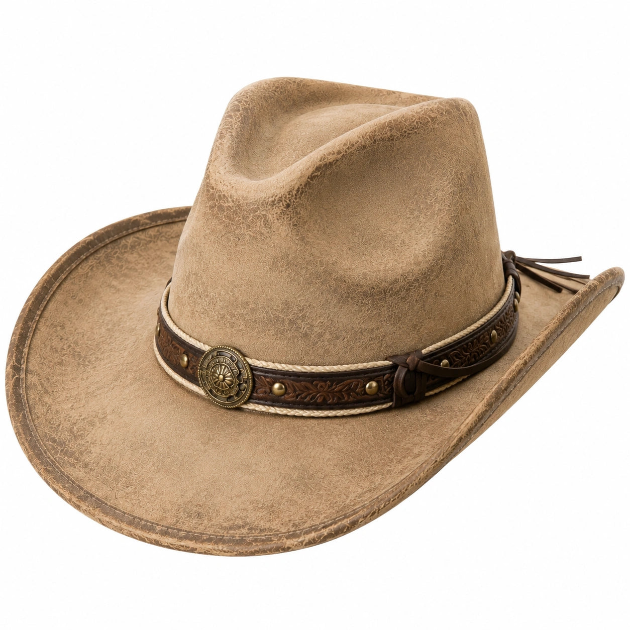 Sombrero cowboy talla única de material sintético beige con cinta decorativa estilo western