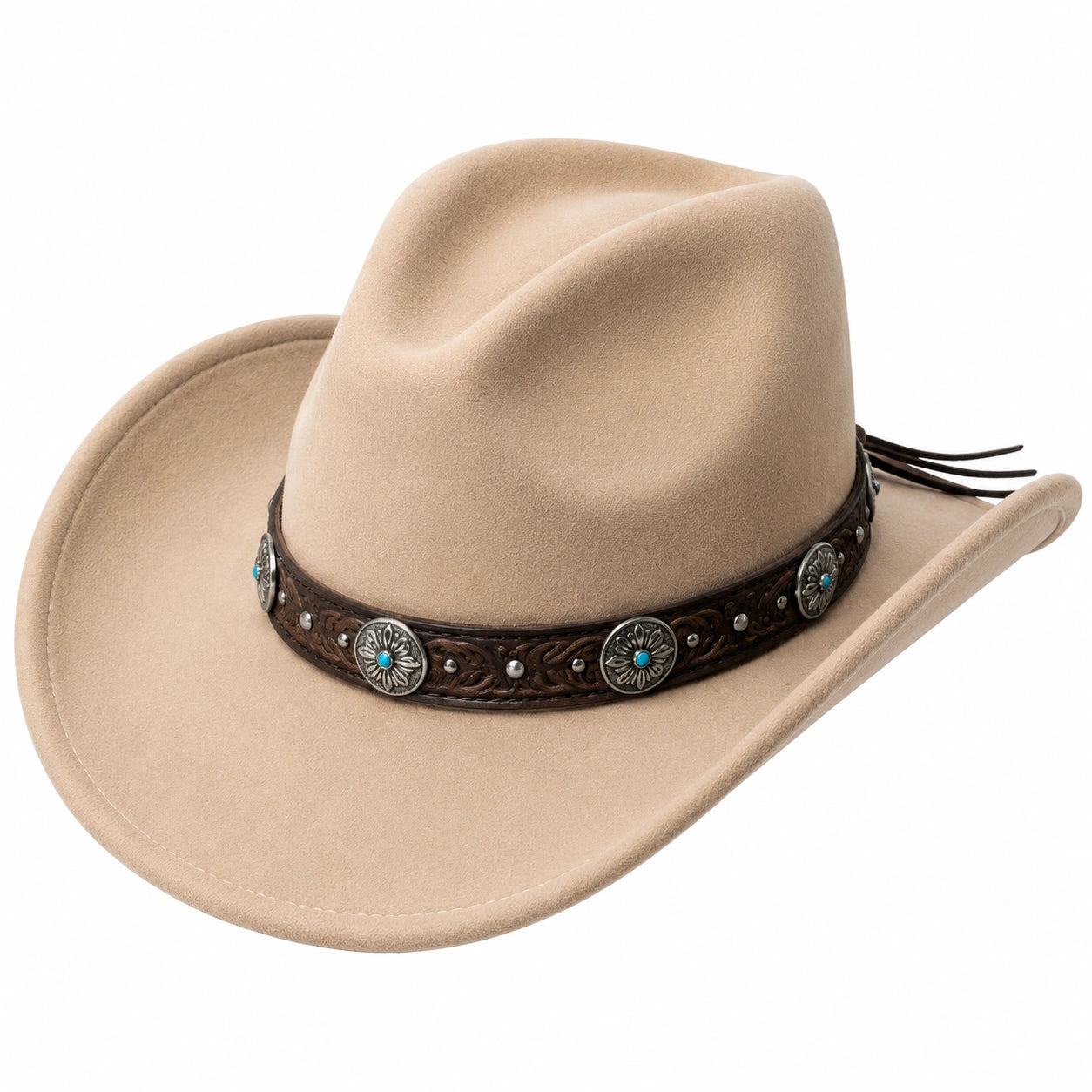 Sombrero cowboy talla única beige con acabado afelpado y cinta decorativa estilo western